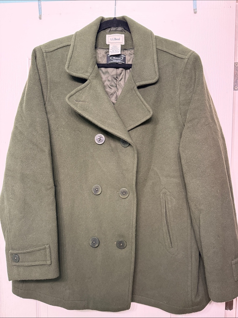 L.L. Bean Olive Green Double-Breasted Wool Peacoat